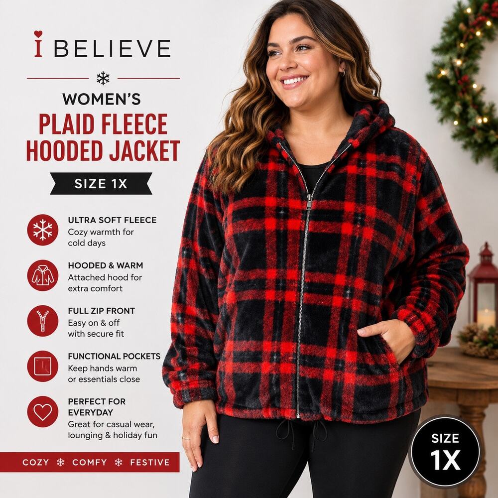 I Believe Womens 1X Red Black Plaid Fleece Hoodie Jacket Full Zip NWT